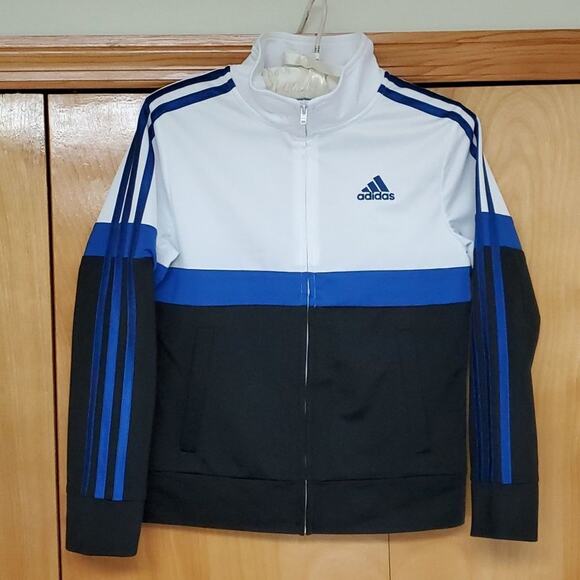 Adidas size small (8) zip up track jacket while black royal blue